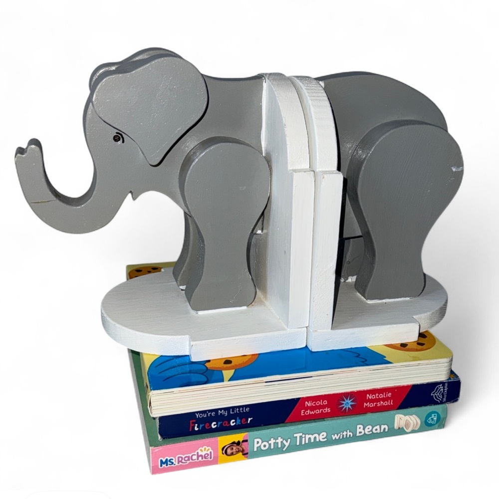 Vintage Gray Elephant Bookends Hand Crafted Painted Wood